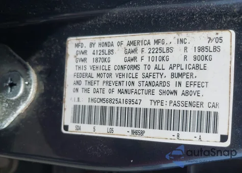 2005 Honda Accord 2.4 Ex z USA, uszkodzony, nr VIN 1HGCM56825A169547